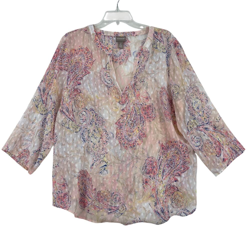 Chico's Blouse Top Womens Size L Pink Paisley Dot Pint Semi Sheer V Neck Boxy‎